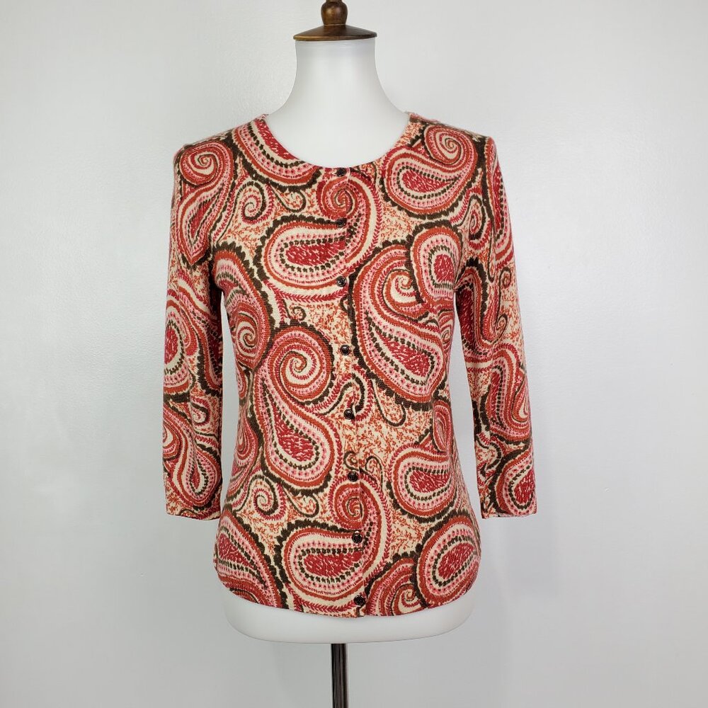 Talbots Petites Pure Merino Wool Paisley 3/4 Sleeve Career Cardigan Size SP